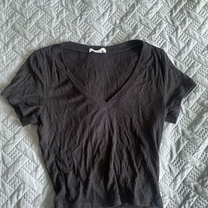 Bozzolo Black V-Neck Ribbed Short Sleeve Tee